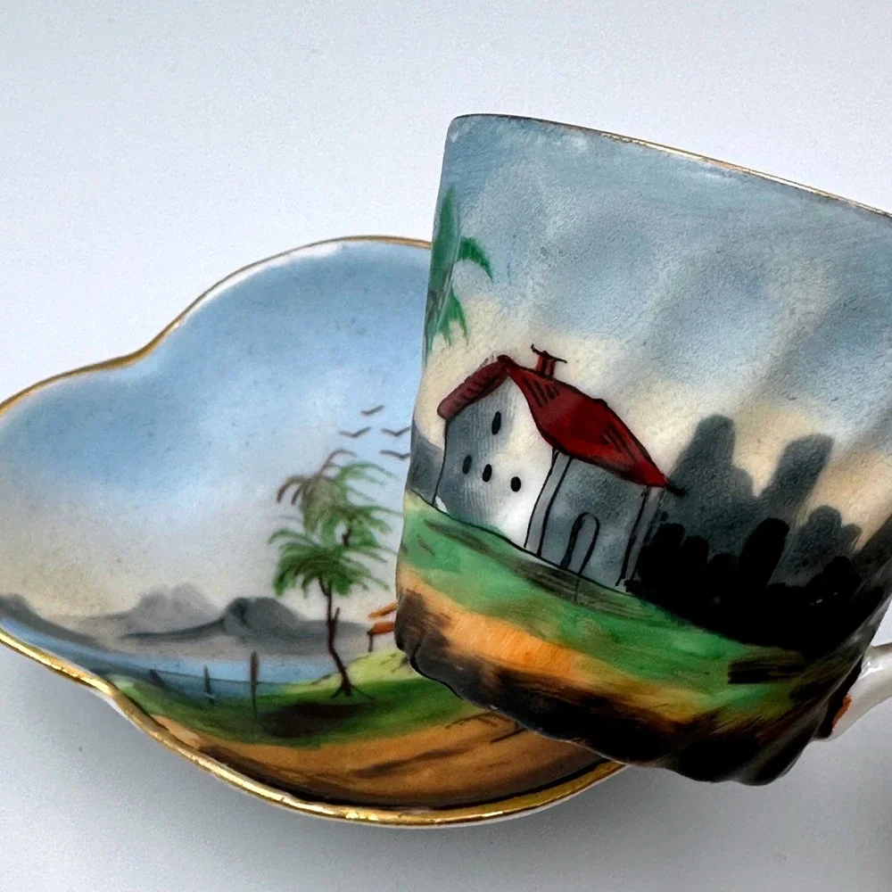 Vintage MCM Japanese Landscape Porcelain Hand Decorated Teacup & Saucer‎
